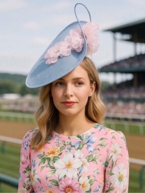Kentucky Derby Hat Blue Derby Fascinator Hat with Pink Flowers – Race Day Ready